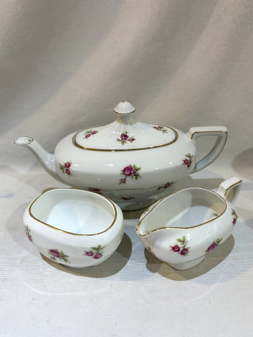 VTG Czechoslovakia Victoria China Teapot Creamer Open Sugar Bowl Set Rose Floral